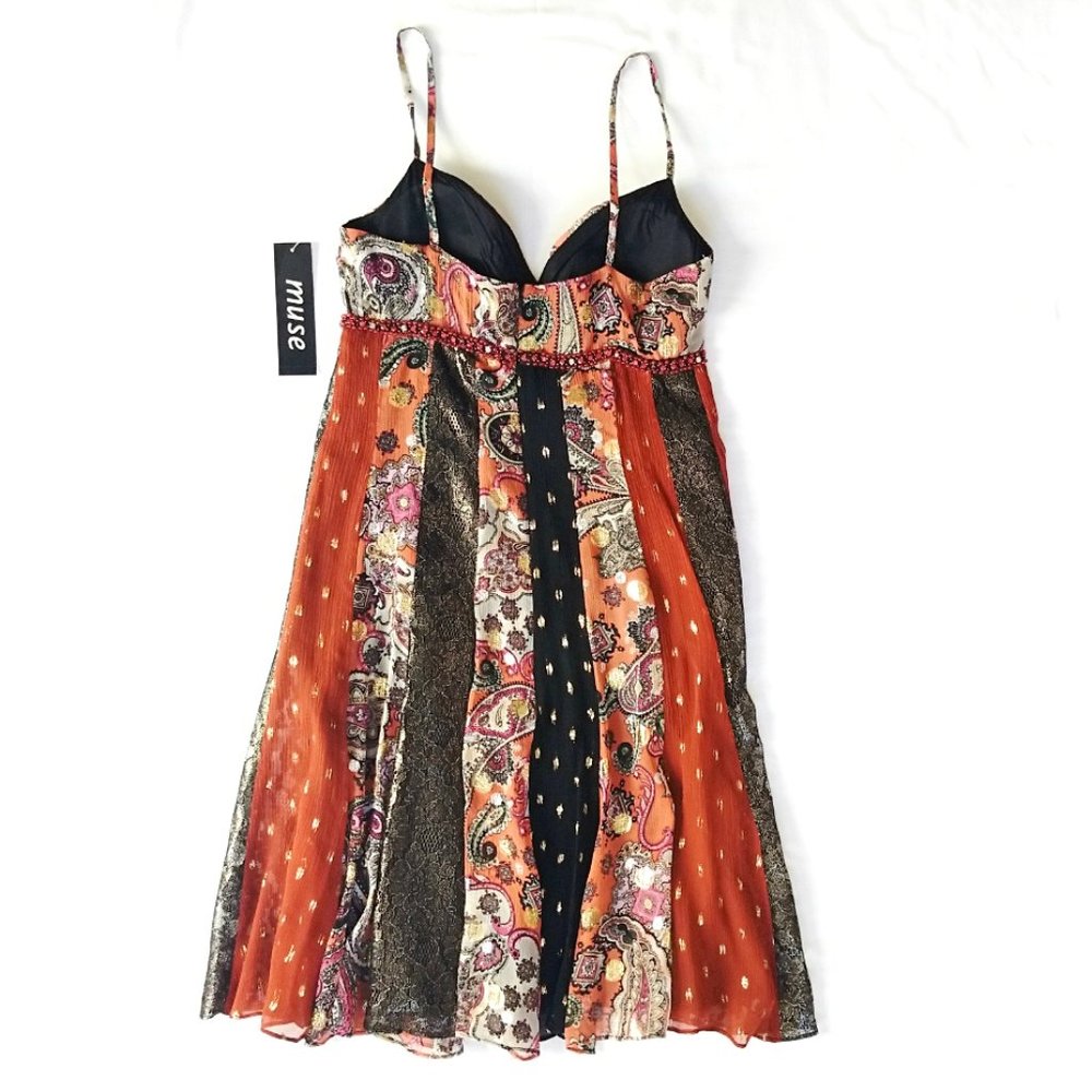 NWT Muse Empire Waist Silk Crepe Lace Multicolor Knee Length Dress - Picture 2 of 10